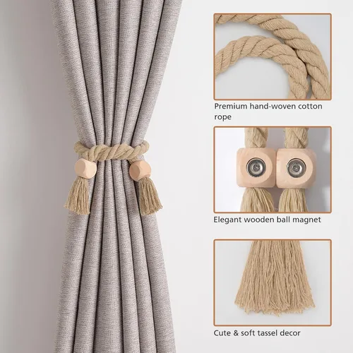 Vista 3 de NICEEC 2 Pack de alzapaños de madera con cubo magnético para cortinas, decoración bohemia para el hogar, lazos de cortina tejidos a mano de algodón