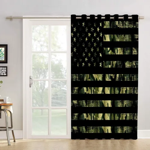 Vista 4 de Cortinas opacas con diseño militar de camuflaje verde rústico, con bandera estadounidense, cortinas opacas con aislamiento térmico para ventana, 1