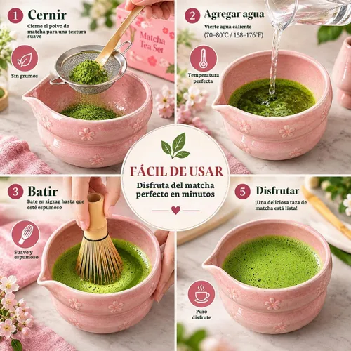 Vista 2 de Juego de 5 piezas de matcha premium con cuenco y batidor de té de bambú de cerámica, incluye soporte de bambú Chasen Chashaku, cuchara, tamiz