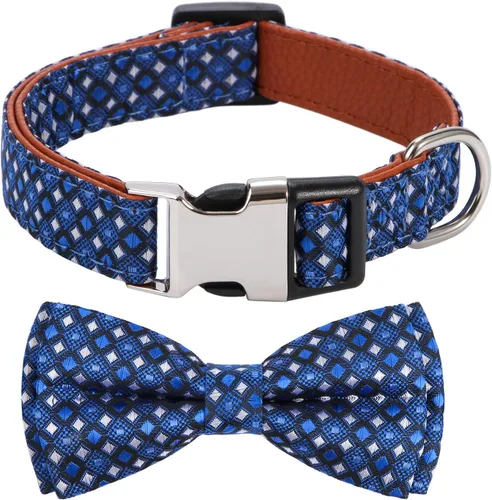 Vista 9 de Collar de perro con pajarita para regalo de niña o niño, pajarita suave y duradera, punto azul, talla S