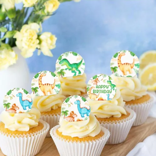 Vista 2 de 40 piezas comestibles de dinosaurio para cupcakes, papel de oblea, dinosaurio, bebé, dinosaurio, magdalena, decoración para fiestas de cumpleaños