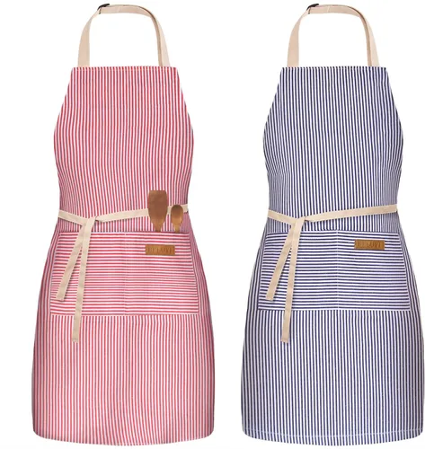 Vista 13 de Paquete de 2 delantales ajustables con peto, delantales de chef para cocina, restaurante, con 2 bolsillos, delantales para mujeres y hombres