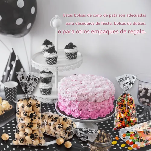 Vista 2 de Blulu 100 bolsas de golosinas para perros, recuerdos de fiesta para cachorros, bolsas de celofán con cono de pata de mascota, dulces sellables por