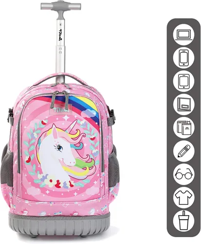 Vista 3 de Tilami Mochila rodante con diseño de ruedas de carretilla, lindo estampado de dibujos animados para niños y niñas, viajes, escuela, viaje