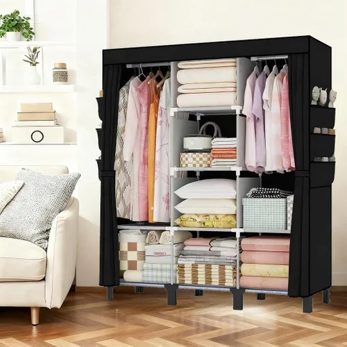 Vista 3 de Armario portátil, organizador de ropa, armario fácil de colgar, múltiples divisores y 3 cajones, 6 bolsillos laterales de gran capacidad (negro)
