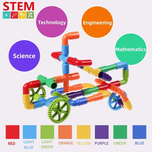Vista 3 de burgkidz STEM - Bloques de construcción de tubo de aprendizaje para tubo, juguetes sensoriales con ruedas, placa base para todas las edades, niños