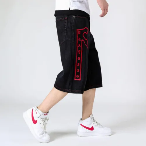 Vista 7 de HZCX FASHION Pantalones cortos de mezclilla largos bordados de talla grande para hombre, debajo de la rodilla, pantalones capri
