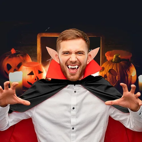 Vista 7 de Oubest Disfraz de vampiro con capa reversible y orejas de dientes de vampiro, disfraz unisex de Drácula para Halloween