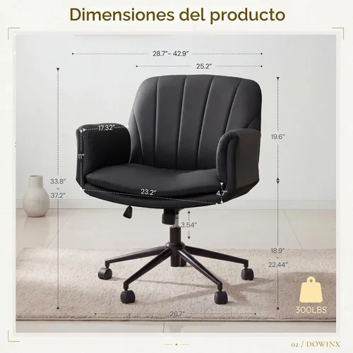 Vista 2 de Dowinx Silla Criss Cross con brazos y ruedas ajustables de cinco niveles - Cómoda silla giratoria ergonómica de cuero PU para tocador - Silla