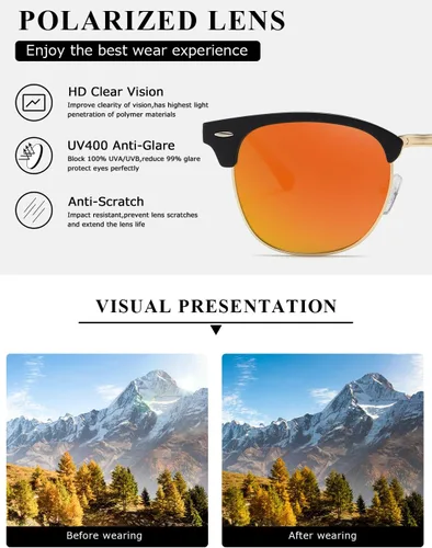 Vista 135 de AEVOGUE Gafas de sol polarizadas para mujeres y hombres semi marco retro gafas de sol AE0369