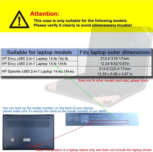 Vista 2 de Funda para portátil HP Envy x360 2 en 1 14-FA 14z-FA y 14-fc 14t-fc y para HP Spectre x360 14-EU 14t-EU, funda protectora de piel sintética