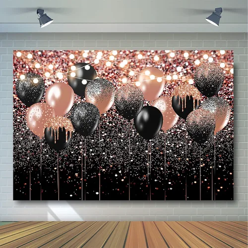 Vista 4 de Avezano Telón de fondo con purpurina de oro rosa y negro para cumpleaños, boda, despedida de soltera, fondo de fotografía, globo rosa dorado