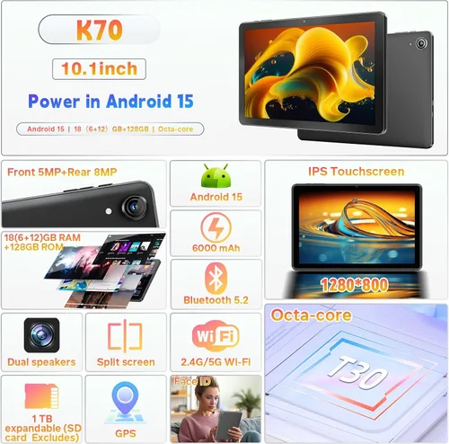 Vista 2 de Tablet Android 15, tabletas de 10 pulgadas, 18 GB+128 GB, expansión de 1 TB, tableta Octa-Core compatible con L1 Widevine con WiFi 5, BT5.2