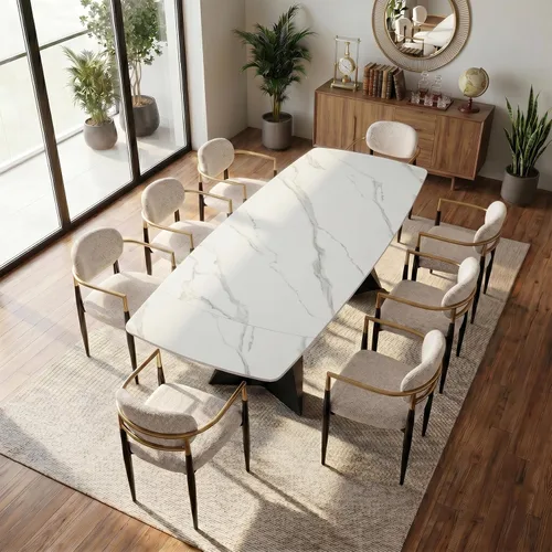 Vista 13 de Honyee Mesa de comedor de piedra sinterizada, mesa de comedor extensible con hojas, parte superior rectangular de aspecto de mármol, asientos 6-12