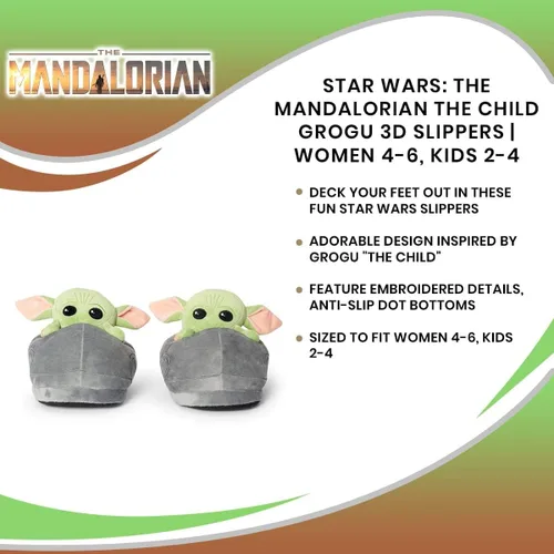 Vista 7 de Robe Factory LLC Star Wars The Mandalorian Child Grogu - Pantuflas 3D Baby Yoda - Zapato de casa de felpa suave con suela antideslizante, calzado