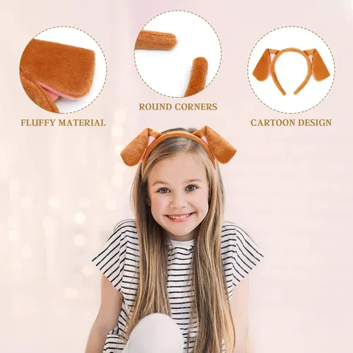 Vista 4 de Diadema de orejas de perro marrones para mujer, aro de pelo de dibujos animados, accesorios para el cabello para niñas, Pascua, Halloween, Navidad
