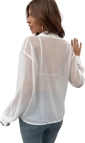 Vista 2 de Verdusa Blusa de malla transparente con botones para mujer, manga larga, hombros caídos