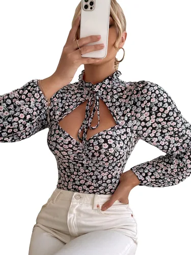 Vista 5 de Floerns Body de leotardo de manga larga abombada con corte floral para mujer