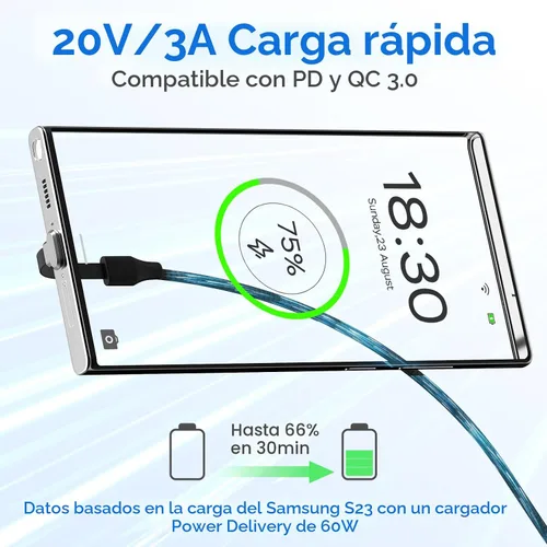 Vista 3 de Cable de carga USB C, paquete de 2 cables de carga tipo C de 1 pie y 60 W, puerto C plano de 90 grados, transferencia de datos de alta velocidad
