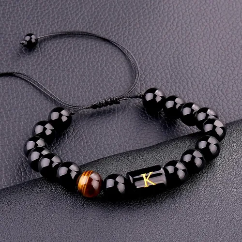 Vista 54 de SUMMER LOVE Regalos para el Día del Padre, pulsera con inicial de piedra de ónix negro de 0.394 pulgadas para hombres, pulsera de cuerda trenzada