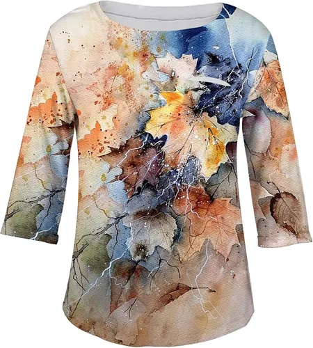 Vista 3 de Camisas de manga larga para mujer, talla grande, manga 34, cuello redondo, blusas estampadas, para ocultar el vientre