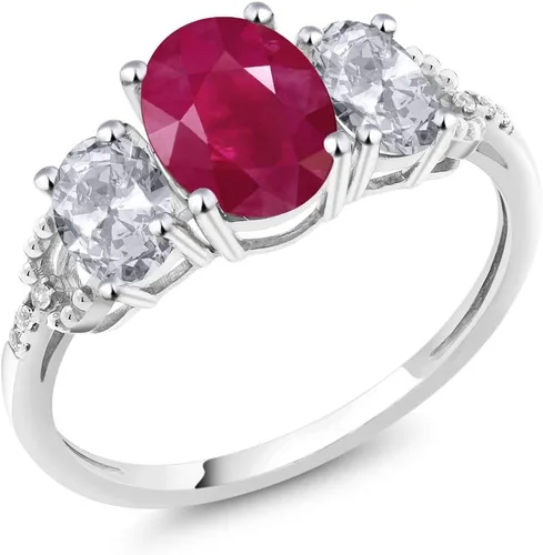 Vista 11 de Anillo de compromiso ovalado de oro blanco de 10 quilates con piedra natal y topacio blanco de 3 piedras con detalles de diamante Centro de 0.315