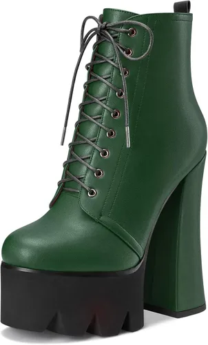 Vista 5 de HDEUOLM Botas de tobillo con tacón alto de bloque grueso para mujer, puntera redonda, botines cortos con cordones y cremallera, zapatos clásicos