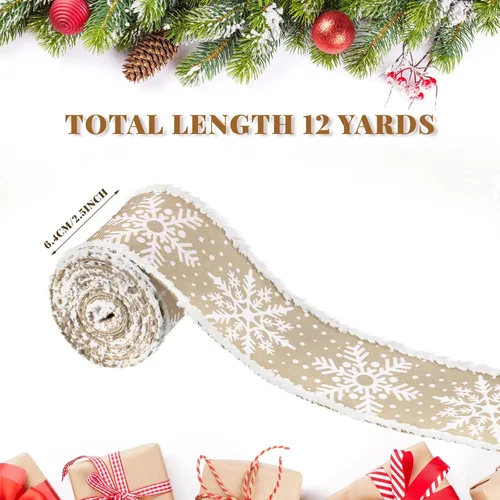 Vista 2 de 2 rollos de cinta de copo de nieve con borde con alambre para árbol de Navidad, cinta decorativa de temporada para Navidad, decoración de invierno