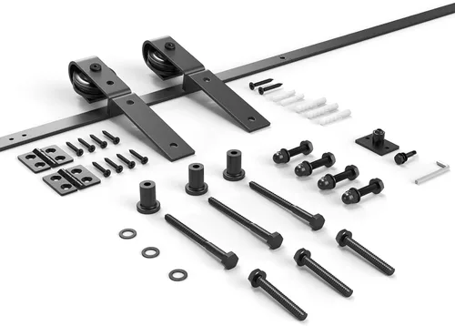 Vista 7 de ROOMTEC Kit de riel de hardware para puerta corrediza de granero biplegable de 2.5 pies, kit de rodillos negros para 2 puertas, forma de J