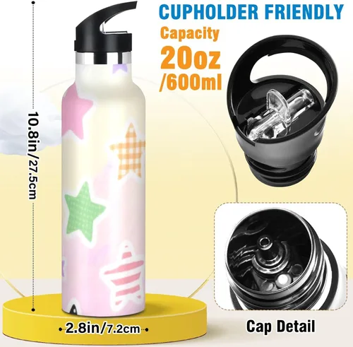 Vista 2 de Gradient Rainbow Star - Botella de agua para niños a prueba de fugas y sin BPA con tapa con pajilla, doble pared aislada al vacío para deportes