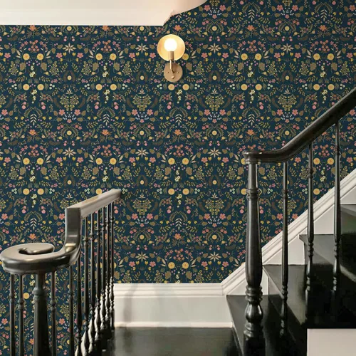 Vista 6 de Simon&Siff Papel Tapiz Floral Despegar y Pegar Azul Marino Bohemio Papel de Pared 60" x 17.3" Azul Oscuro Flores Florecientes Flores Silvestres