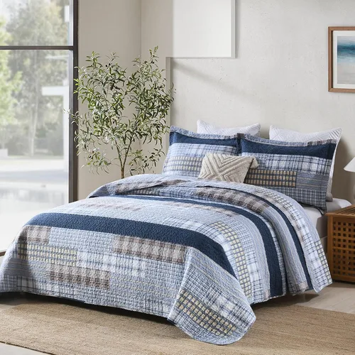 Vista 3 de Finlonte Edredón tamaño King, 100 % algodón, juegos de colcha tamaño King, colchas a cuadros azules, beige y blancas, ligeras, suaves