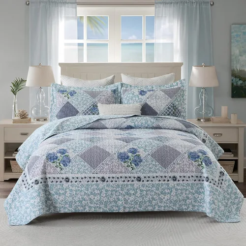 Vista 10 de DDUOXIN - Colcha reversible tamaño King de 100 % algodón, colcha floral a cuadros 120x120 Quilted Bed Spread with 2 Pillow Shams, Farmhouse