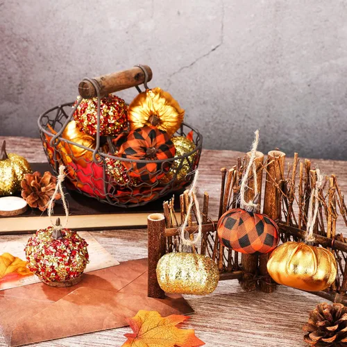 Vista 7 de Sotiff 12 adornos para árbol de Acción de Gracias, adornos colgantes de calabaza, bolas de espuma con purpurina, envueltas en tela, pequeñas