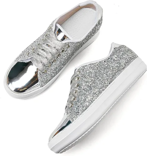 Vista 2 de UBWDU Zapatillas brillantes con diamantes de imitación para mujer, zapatos de lentejuelas brillantes para caminar de ocio y ocio para amantes