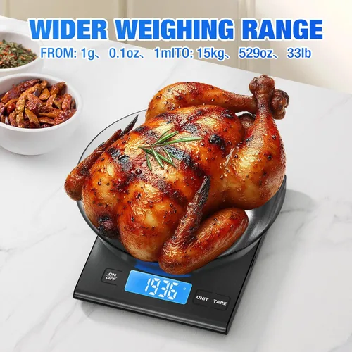 Vista 4 de Diyife - Báscula de cocina de acero inoxidable 304 recargable, 33 libras, color negro Digital Scale with LCD Display, Batteries and Type-C