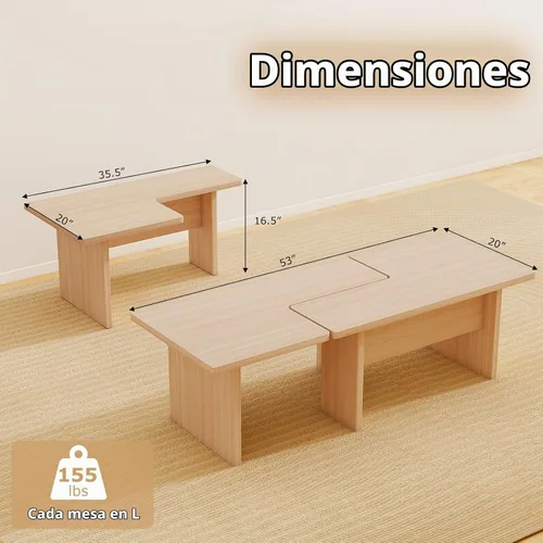 Vista 2 de Giantex Juego de 2 mesas de centro en forma de L, mesa central modular anidable con acabado de grano, mesas modernas de sala de estar de mediados