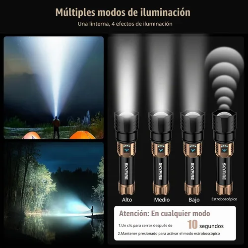 Vista 5 de SKYFIRE Linternas recargables de alto lúmenes, linterna súper brillante de 3000 lúmenes, zoom, 4 modos, luz LED impermeable para camping