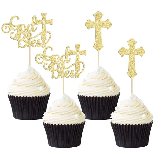 Vista 18 de Gyufise 24 piezas de decoración de pastel de Dios bendiga y decoración de bautizo para cupcakes, cruces de Dios bendiga, adornos de cupcake