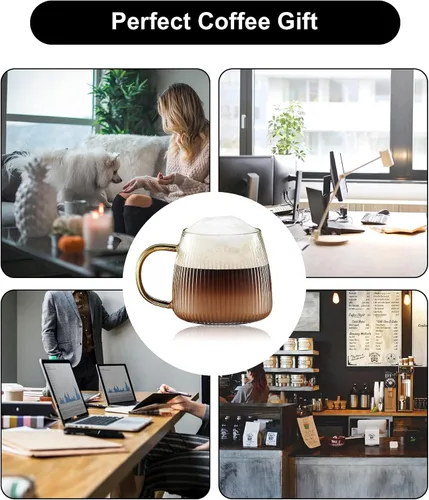 Vista 7 de Juego de 2 tazas de café de cristal únicas de alta calidad con elegante patrón de rayas verticales, mango amarillo claro (transparente)