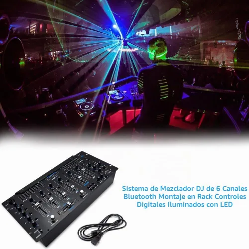 Vista 7 de Pyle Controlador DJ mezclador de 6 canales con Bluetooth, sistema de mezcla digital de sonido profesional con iluminación LED, controles