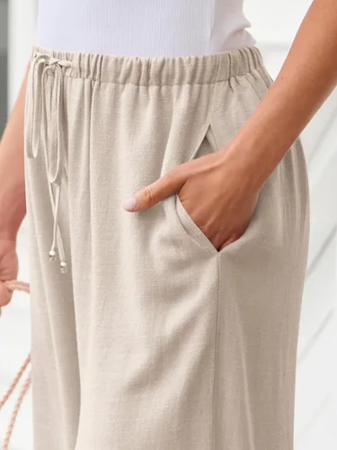 Vista 5 de LILLUSORY Pantalones palazzo de lino para mujer, pantalones de playa de pierna ancha con bolsillos