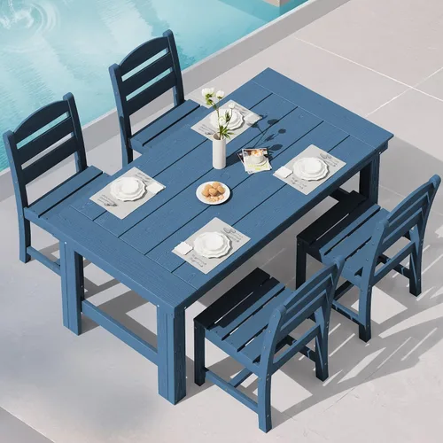 Vista 31 de SERWALL Juego de mesa y sillas de comedor para exteriores HDPE para 4 Azul marino
