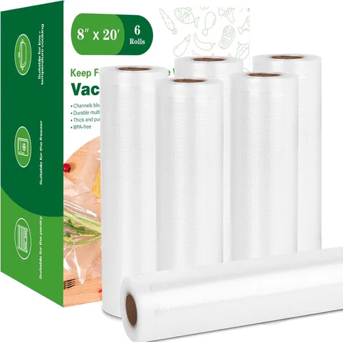 Vista 8 de Moretoes Bolsas selladoras al vacío, 3 rollos de 8 x 16 pies para guardar alimentos, rollos de bolsas de grado comercial, sin BPA, bolsa