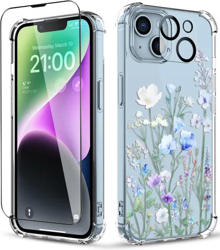 Vista 36 de Funda para iPhone 14, [3 en 1] con protector de pantalla y protector de lente de cámara, diseño de patrón de flores, transparente, suave, a prueba