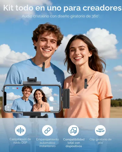 Vista 2 de Mini micrófono inalámbrico para iPhone, iPad, Android, paquete de 2 micrófonos Lavalier con clip giratorio de 360°, micrófono USB-C con reducción