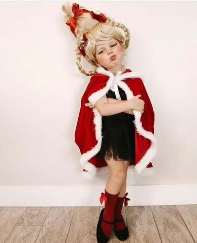 Vista 2 de Capa de Navidad para bebé, capa de terciopelo con capucha para niños pequeños, con piel, Sra. Papá Noel, disfraz de Navidad