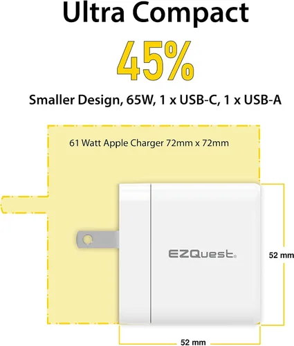 Vista 6 de Cargador USB C de 65 W - 1 puerto USB-C, 1 puerto USB-A, con cable de carga de 6.6 ft - Bloque de carga rápida PD - Pared del cargador GAN