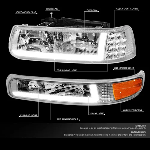 Vista 2 de DNA Motoring HL-LB-CSIL99-CH-AM Par de carcasas cromo ámbar LED DRL. Faros delanteros de repuesto para Silverado 99-02