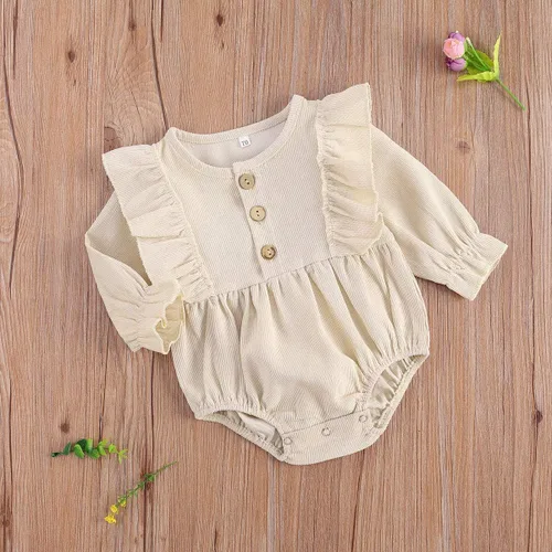 Vista 3 de Ropa de bebé niña sólida con volantes de manga larga mameluco de una pieza para otoño e invierno